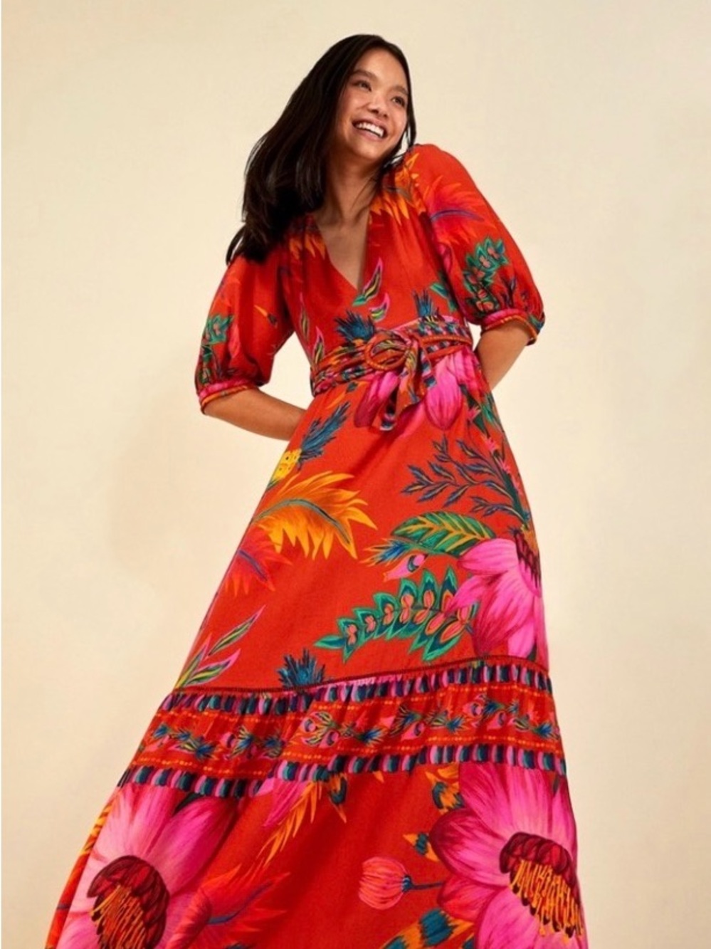 FARM Rio Red Floral Maxi Dress with Pink & Green Accents